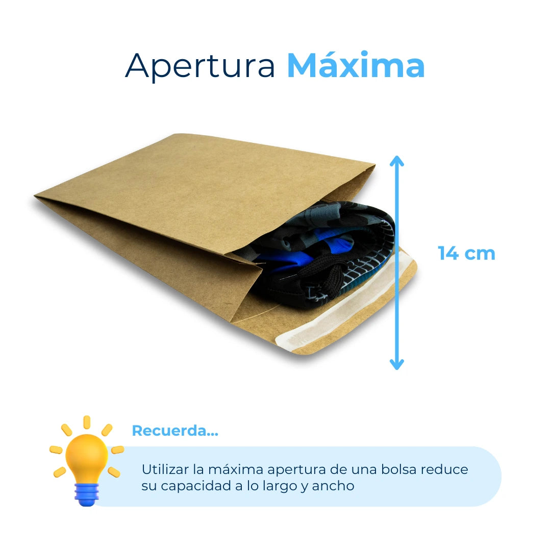 Apertura Máxima de Bolsas de Papel con Fuelle para Envíos. Para Paquetes.