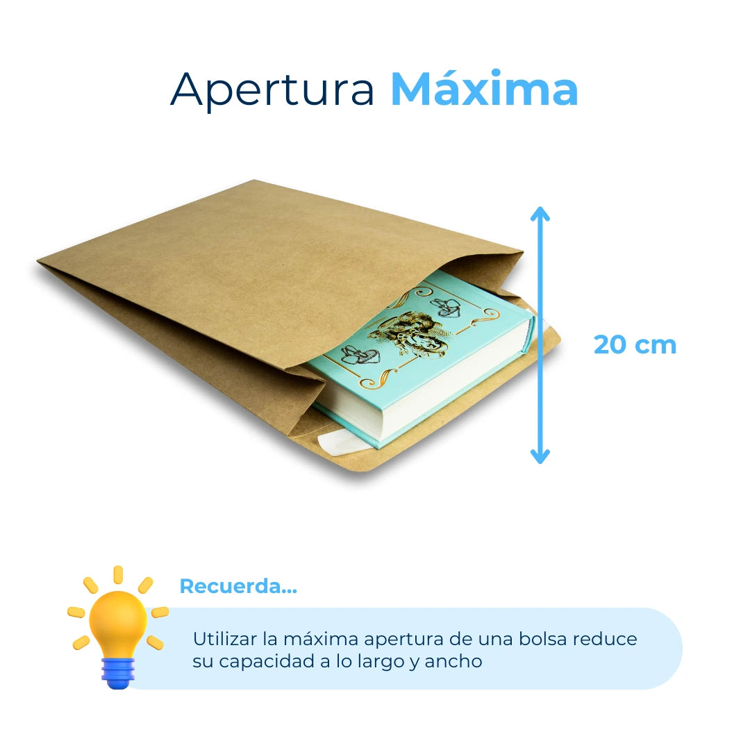 Apertura Máxima de Bolsas de Papel con Fuelle para Envíos. Para Paquetes.