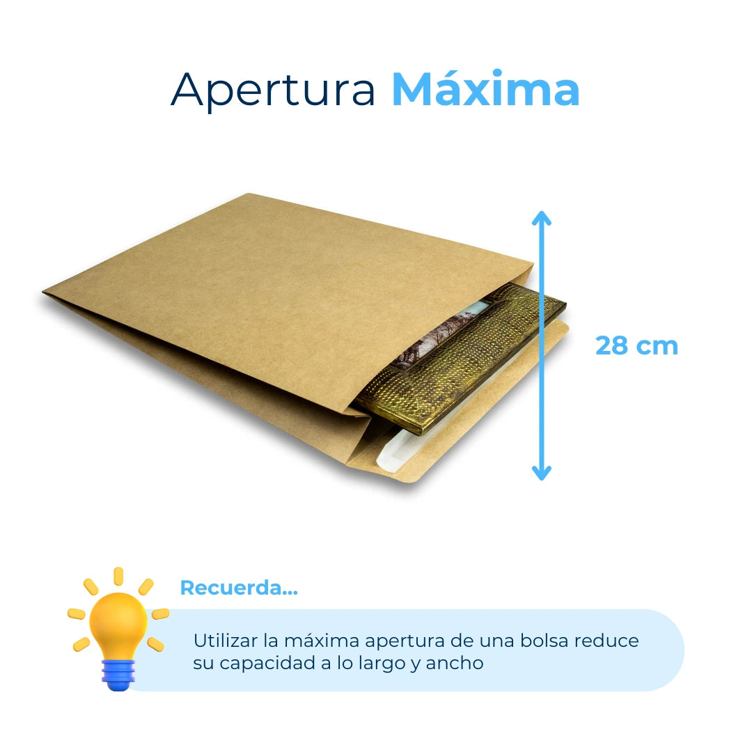 Apertura Máxima de Bolsas de Papel con Fuelle para Envíos. Para Paquetes.