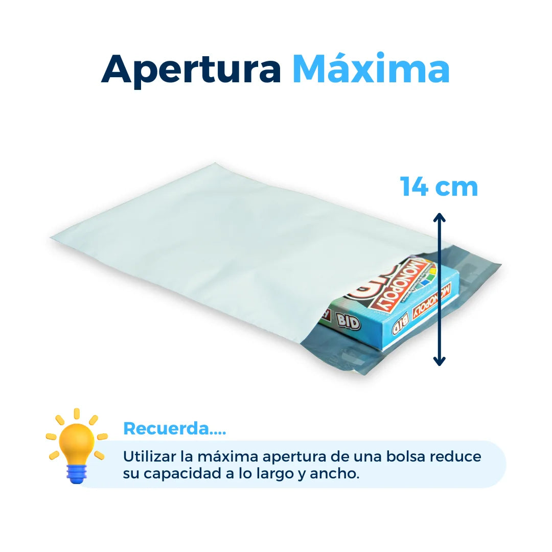 Apertura máxima de bolsas para envíos. Para Paquetes.