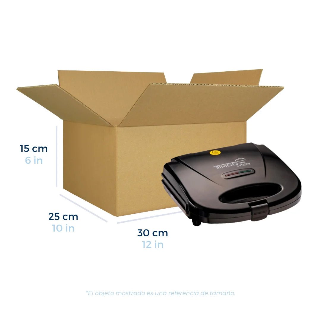 Cajas de Cartón Regulares 30 x 25 x 15 cm. Con una sandwichera a un lado como referencia de tamaño. Para Paquetes.