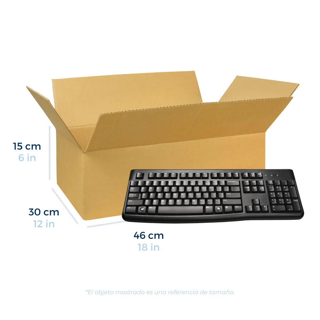 Cajas de Cartón Regulares 46 x 30 x 15 cm. Con un teclado a un lado como referencia de tamaño. Para Paquetes.