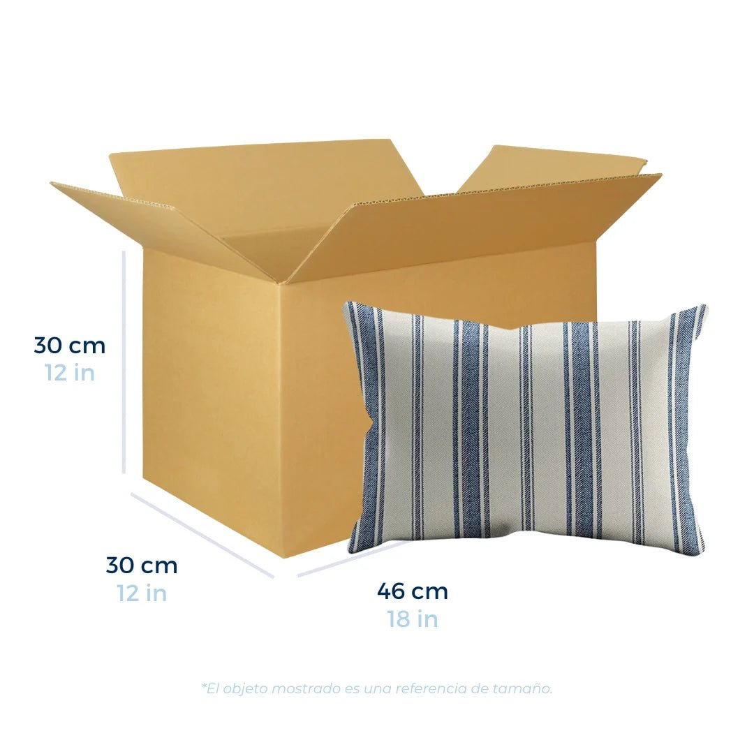 Cajas de Cartón Regulares 46 x 30 x 30 cm. Con una almohada a un lado con referencia de tamaño. Para Paquetes.
