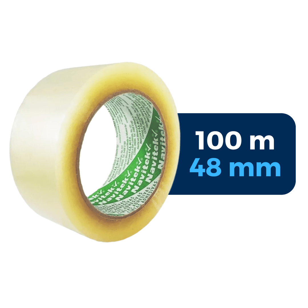 Cinta adhesiva HotMelt, uso 579, color transparente, 48 mm x 100 m. Marca: Navitek. Para Paquetes.
