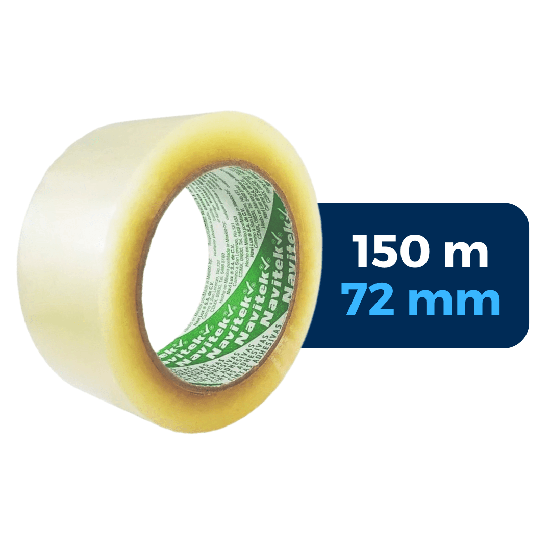 Cinta adhesiva HotMelt, uso 579, color transparente, 72 mm x 150 m. Marca: Navitek. Para Paquetes.