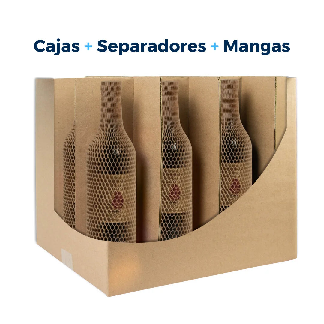 Cajas para 12 Botellas de Vino con Separadores y Mangas de Protección (Combo) | Papel Kraft | Café