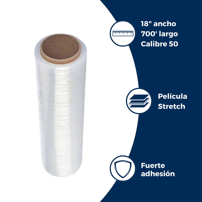 Características del rollo de plástico para emplayar: hecho de película stretch, cal. 50, 18" de ancho x 700" largo.