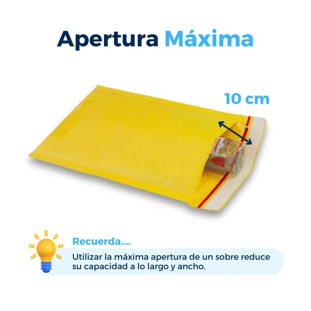 Apertura máxima de sobres con burbuja amarillos. Para Paquetes.