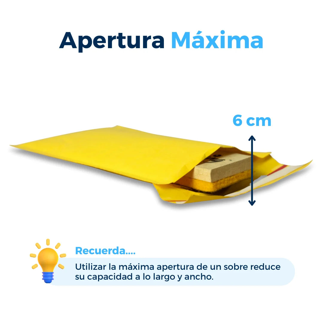 Apertura Máxima de Sobres con Burbuja Amarillos 10 x 20 cm. Para Paquetes.