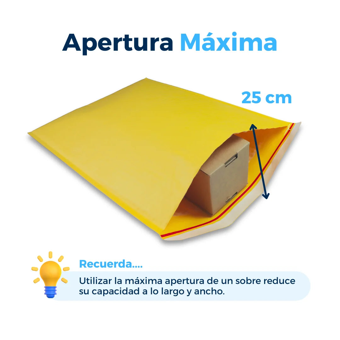 Apertura máxima de sobres con burbuja amarillos. Para Paquetes.