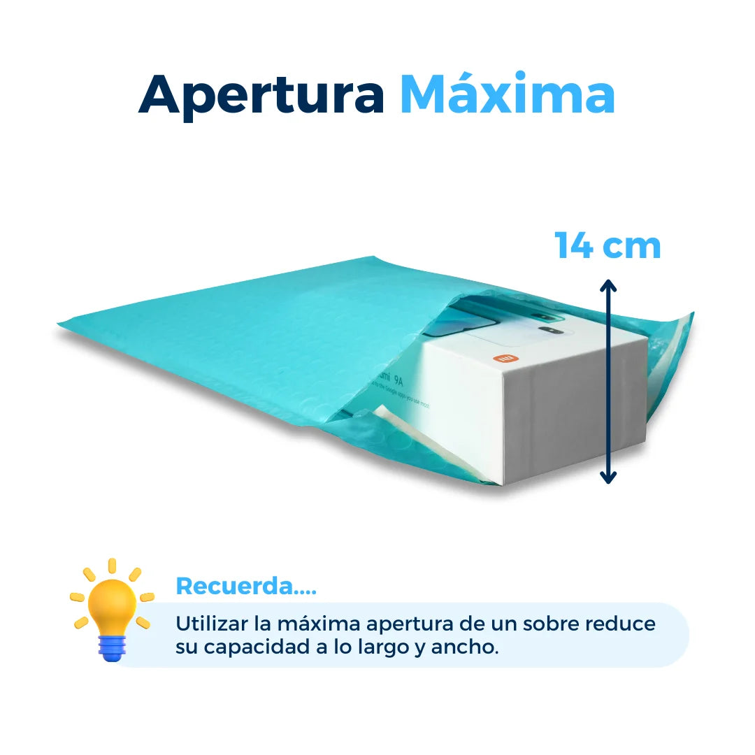 Apertura máxima de sobres con burbuja aqua. Para Paquetes.