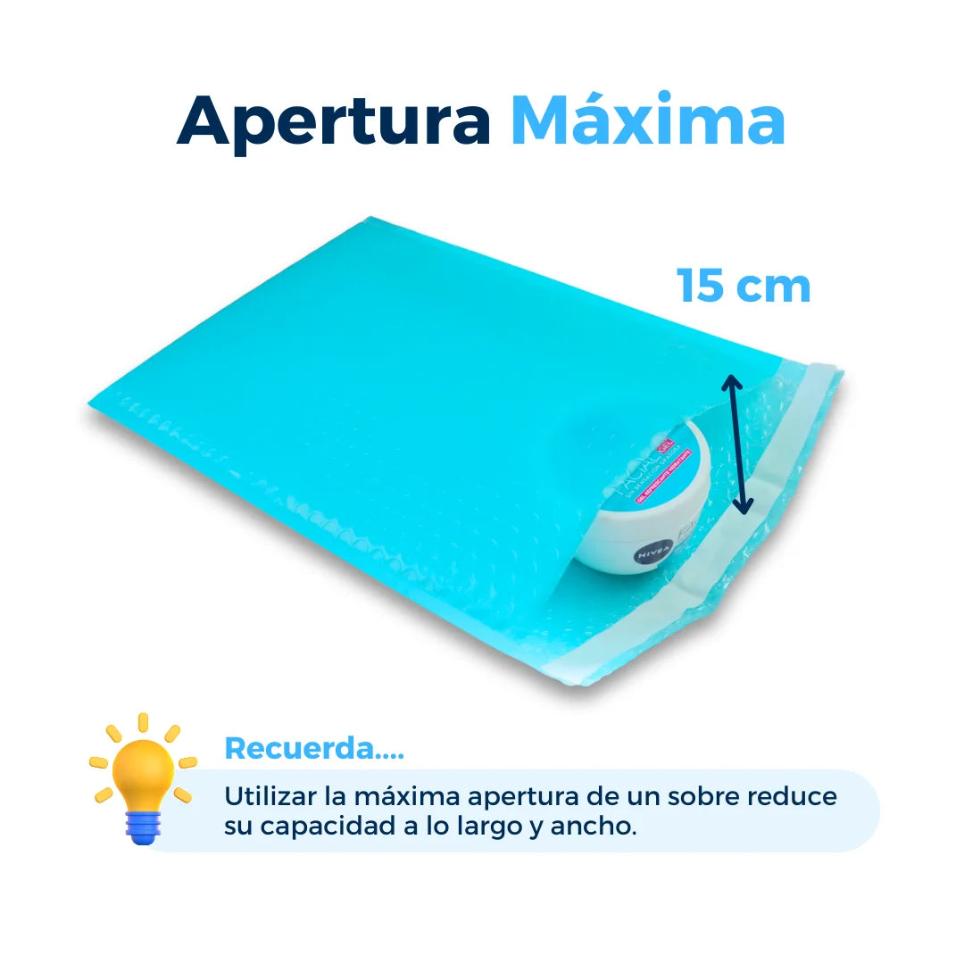 Apertura máxima de sobres con burbuja aqua. Para Paquetes.
