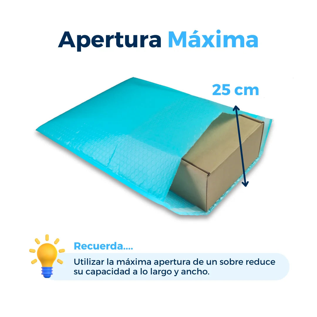 Apertura máxima de sobres con burbuja aqua. Para Paquetes.