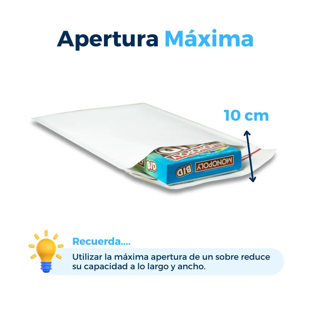 Apertura máxima de sobres con burbuja blancos. Para Paquetes.
