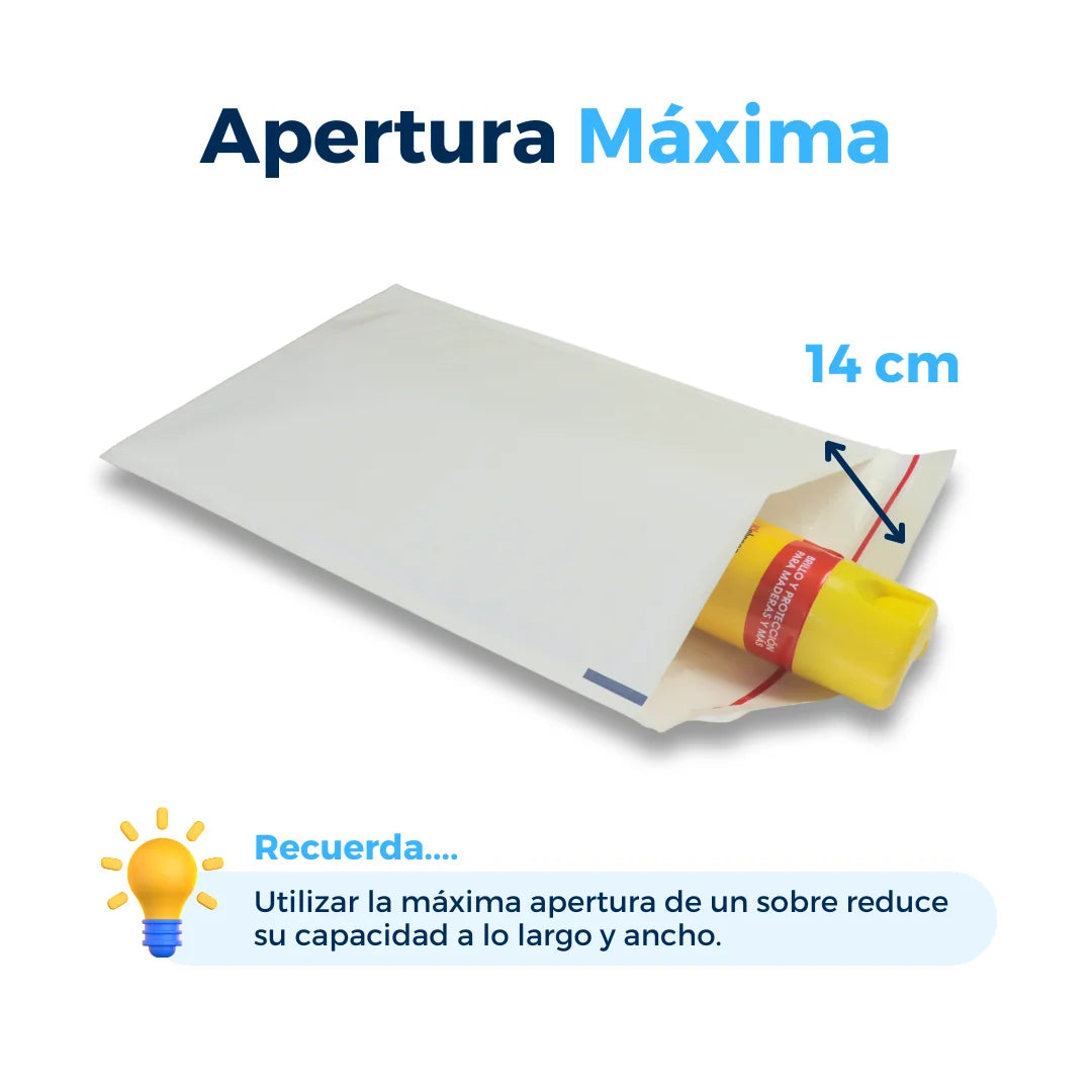 Apertura máxima de sobres con burbuja blancos. Para Paquetes.
