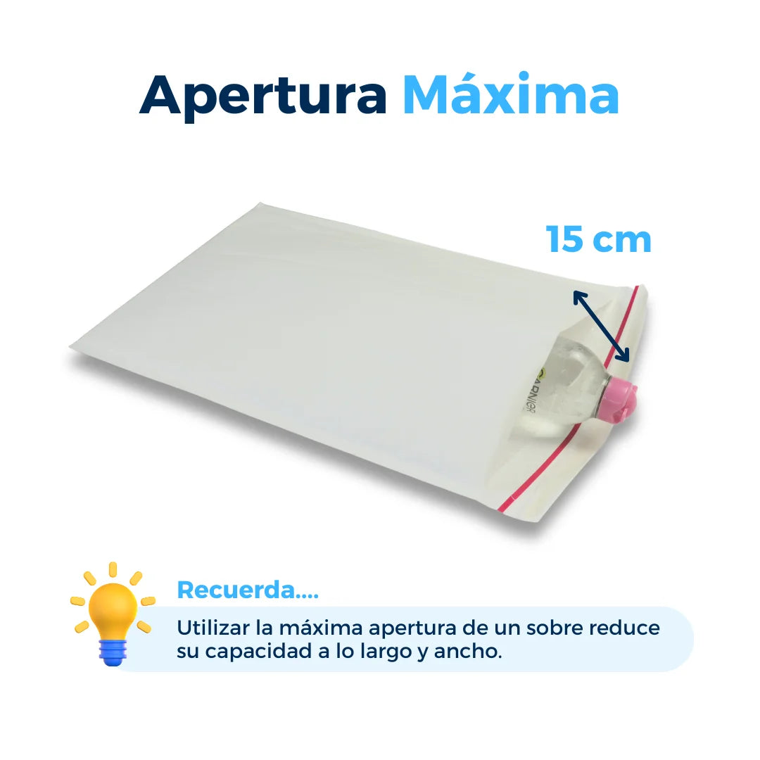 Apertura máxima de sobres con burbuja blancos. Para Paquetes.
