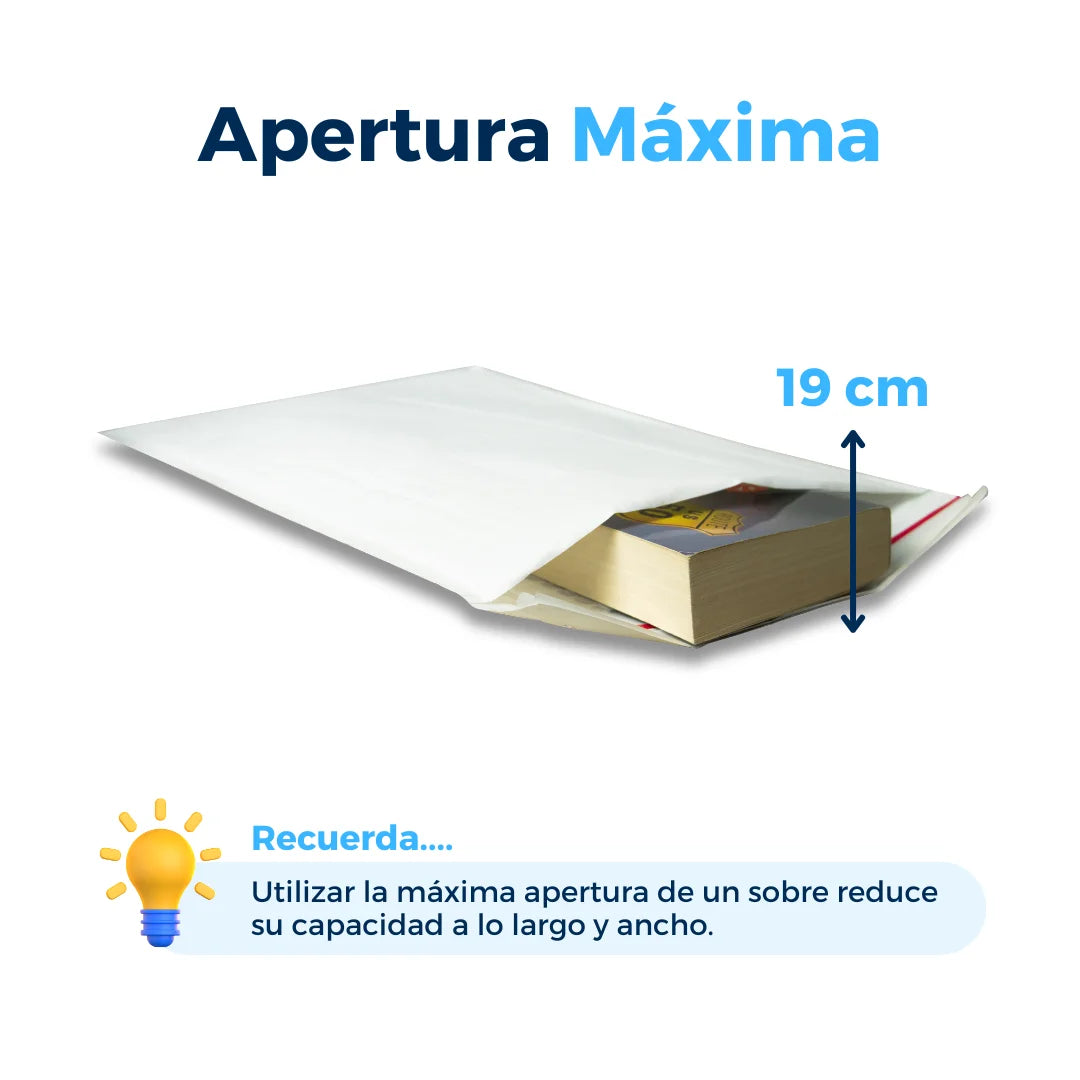 Apertura máxima de sobres con burbuja blancos. Para Paquetes.