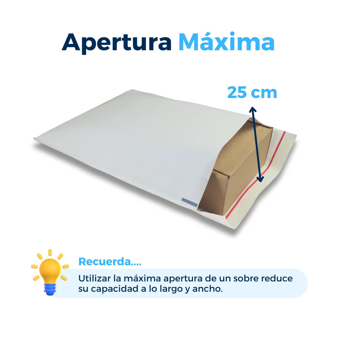 Apertura máxima de sobres con burbuja blancos. Para Paquetes.