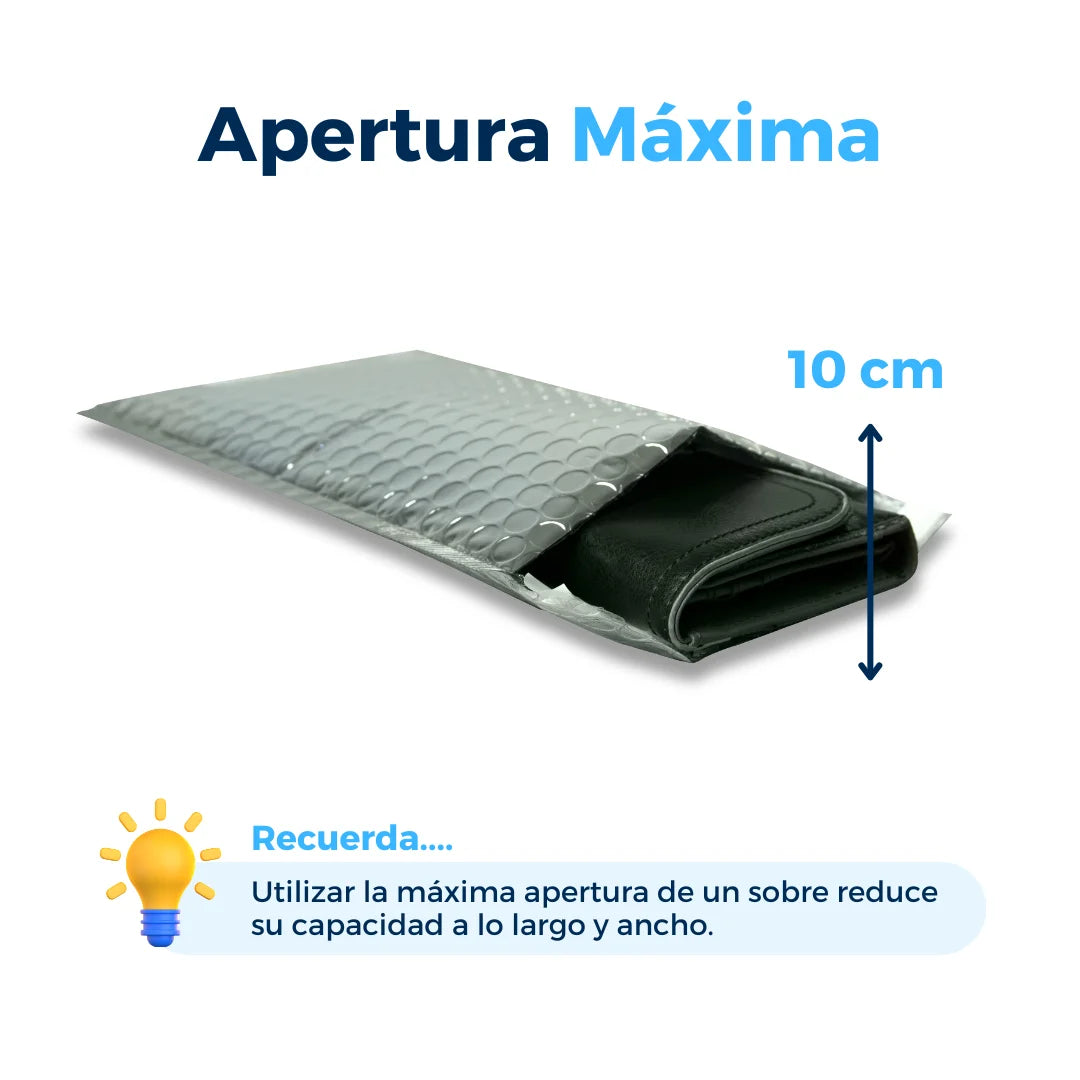 Apertura máxima de sobres con burbuja plateados. Para Paquetes.