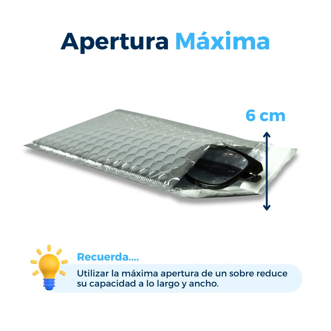 Apertura máxima de sobres con burbuja plateados. Para Paquetes.