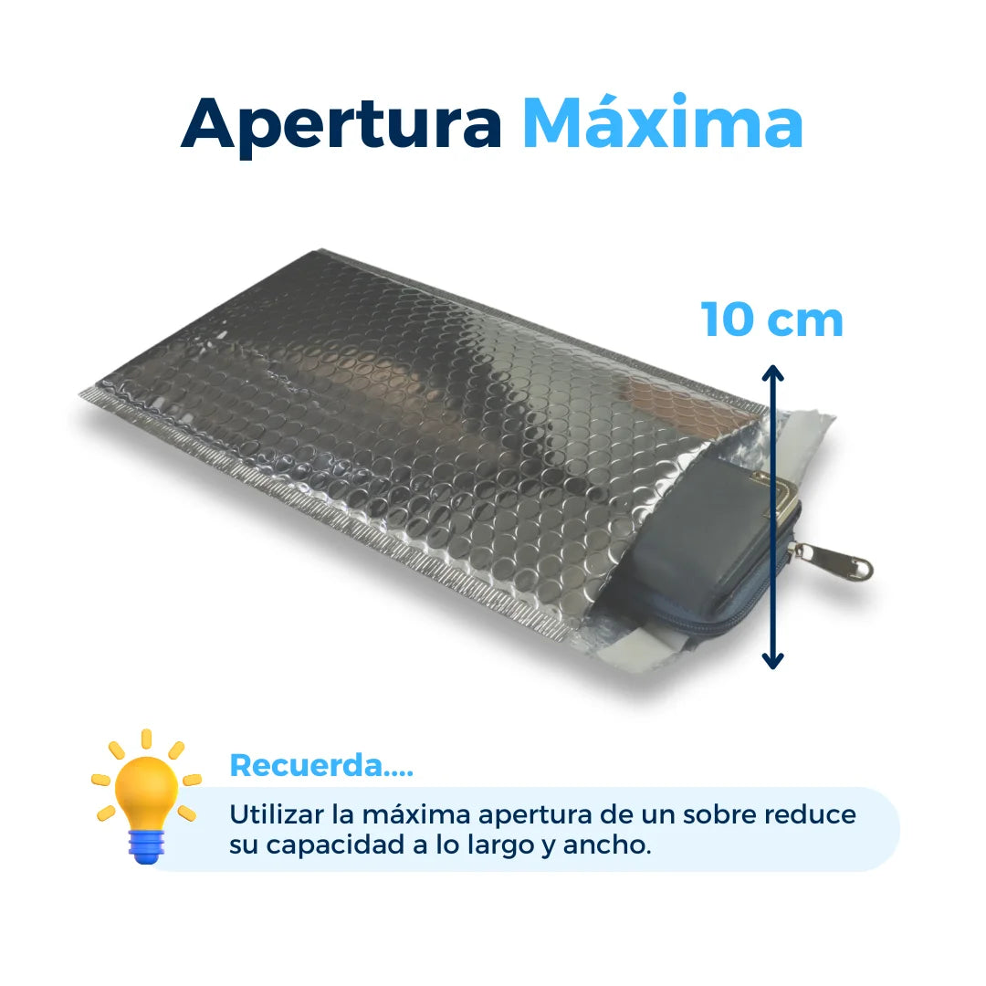 Apertura máxima de sobres con burbuja plateados. Para Paquetes.