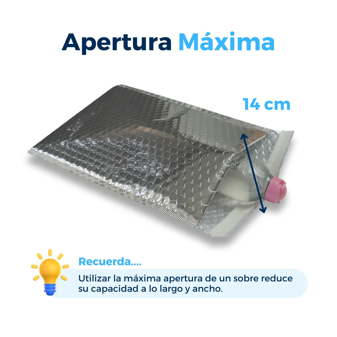 Apertura máxima de sobres con burbuja plateados. Para Paquetes.