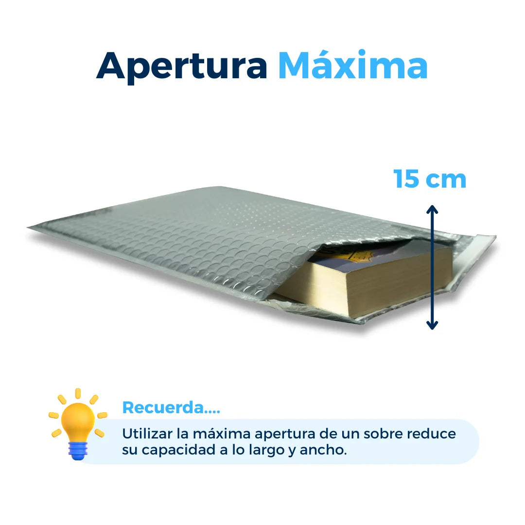Apertura máxima de sobres con burbuja plateados. Para Paquetes.