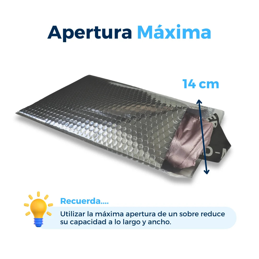 Apertura máxima de sobres con burbuja plateados. Para Paquetes.