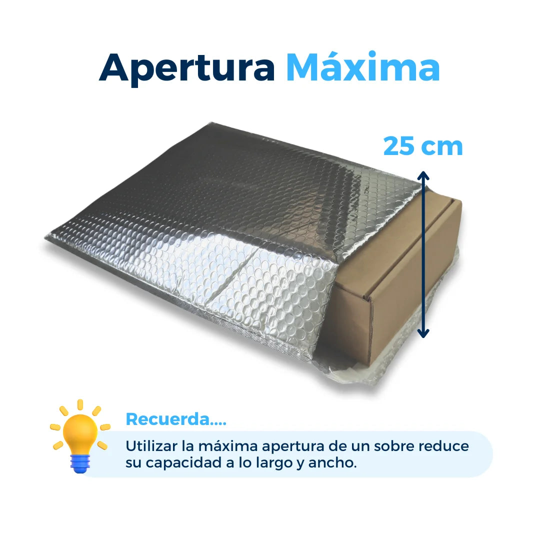 Apertura máxima de sobres con burbuja plateados. Para Paquetes.