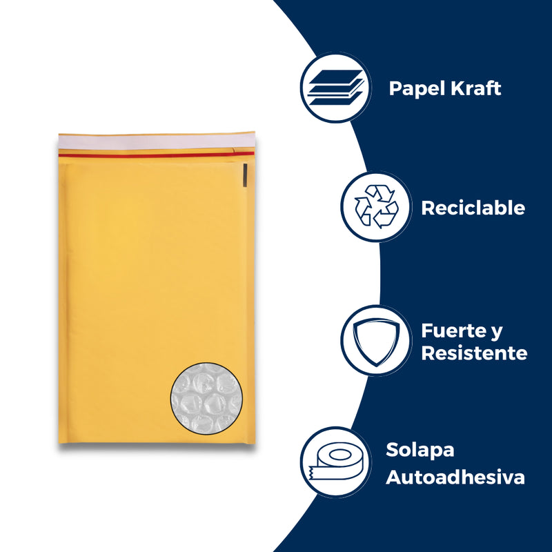 Características del Sobre con Burbuja: Papel Kraft, Reciclable, Fuerte y Resistente, Solapa Autoadhesiva. Para Paquetes.