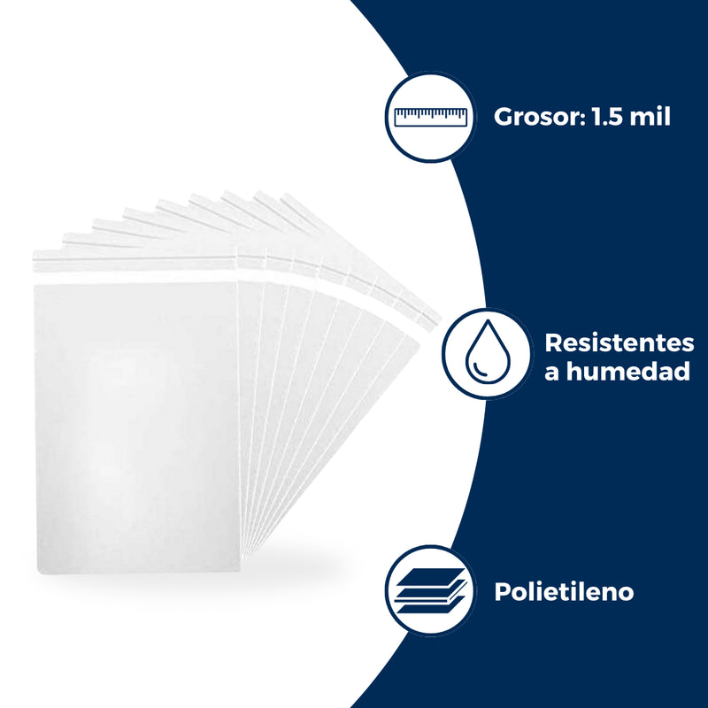 Características de las Bolsas de Celofán con Adhesivo de Para Paquetes: Grosor de 1.5 mil, resistentes a humedad, polietileno.