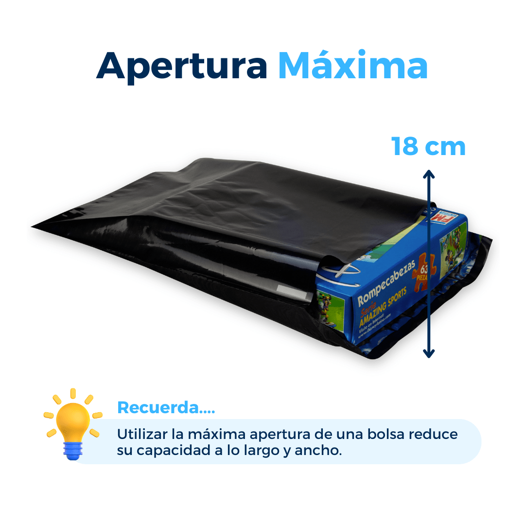 Bolsas para envíos negras, apertura máxima 18 cm. Para Paquetes.