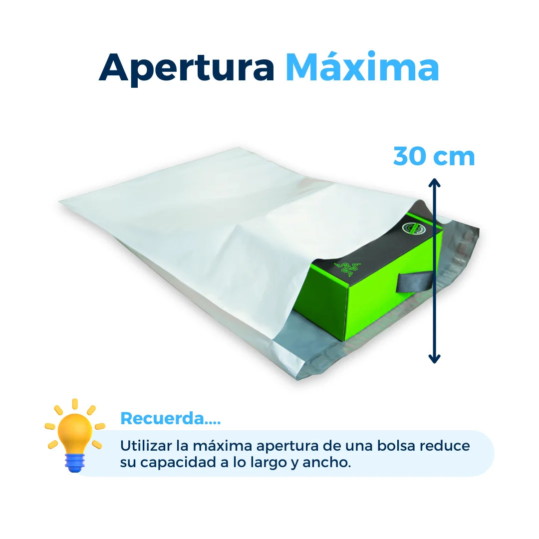 Apertura mÁxima de bolsas para envíos. Para Paquetes.
