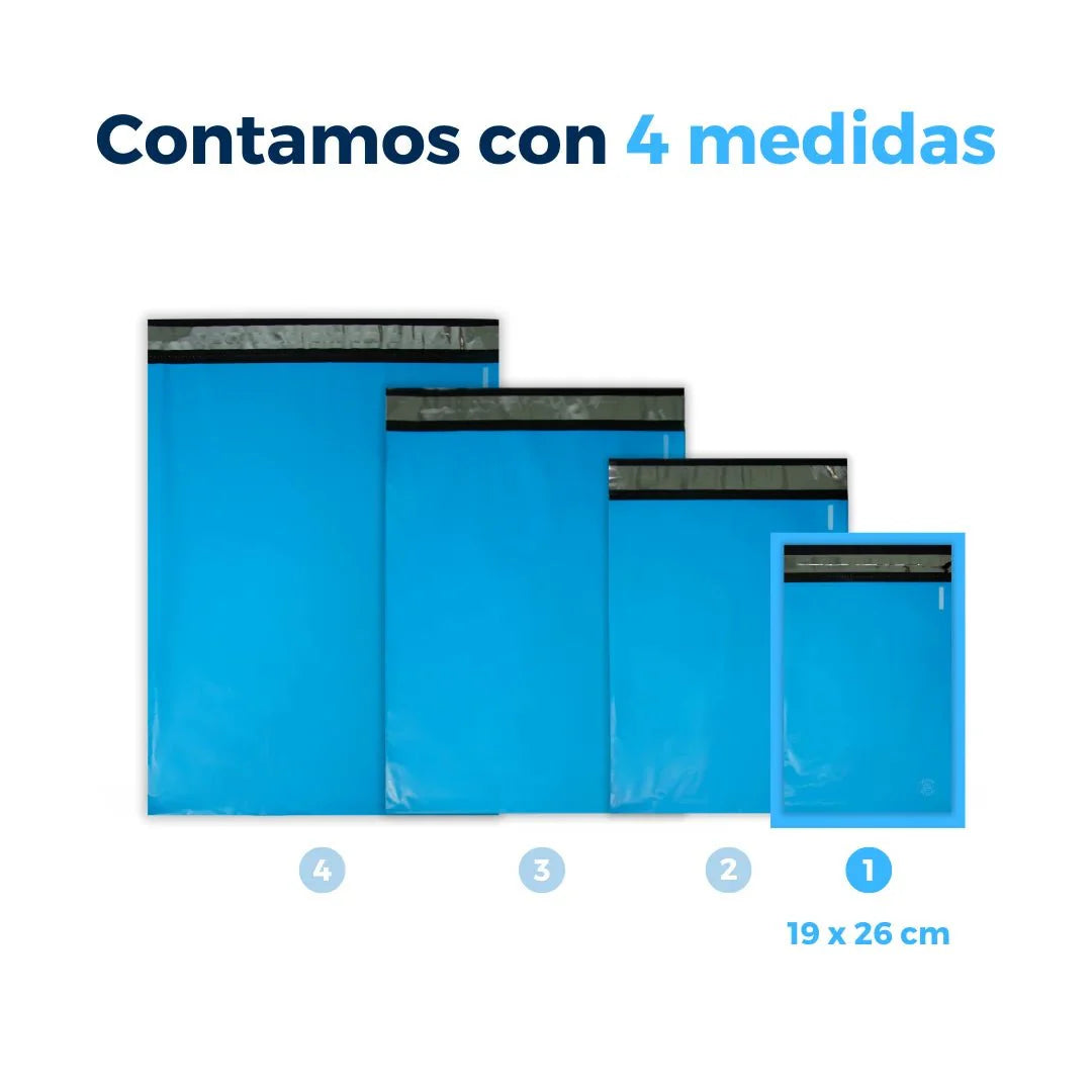 Medidas de Bolsas para Envíos color Azul. Para Paquetes.