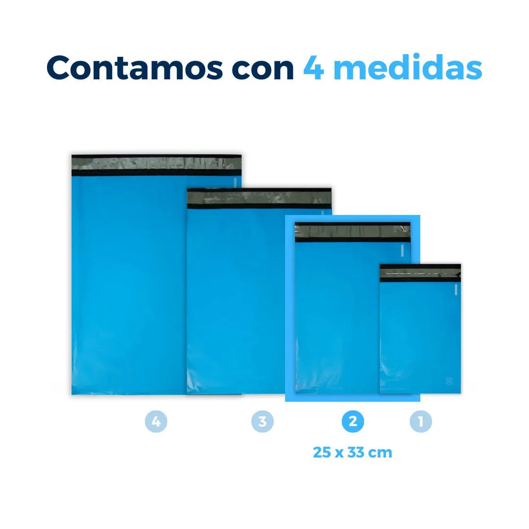 Medidas de Bolsas para Envíos color Azul. Para Paquetes.
