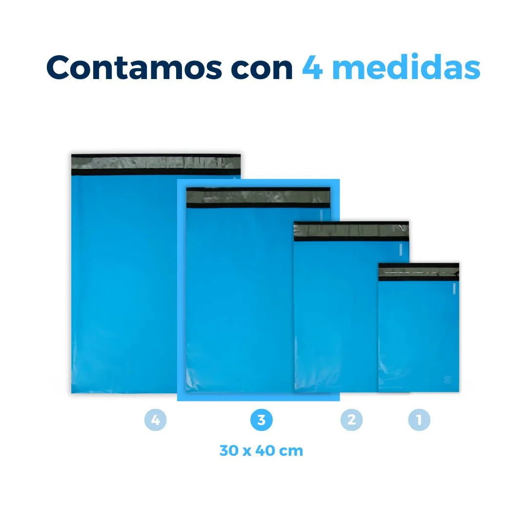 Medidas de Bolsas para Envíos color Azul. Para Paquetes.
