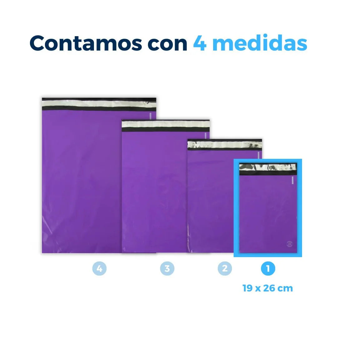 Medidas de Bolsas para Envíos color Morado. Para Paquetes.