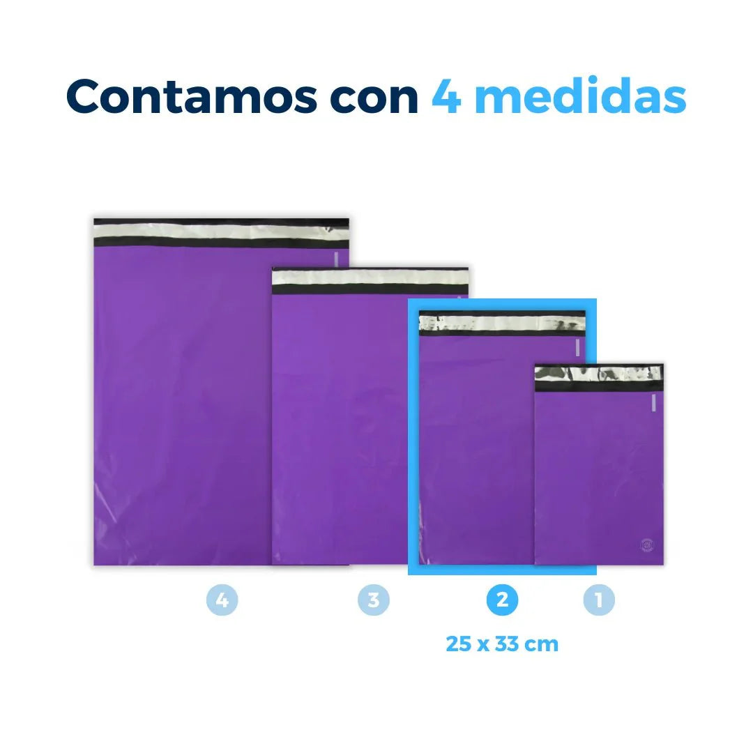 Medidas de Bolsas para Envíos color Morado. Para Paquetes.
