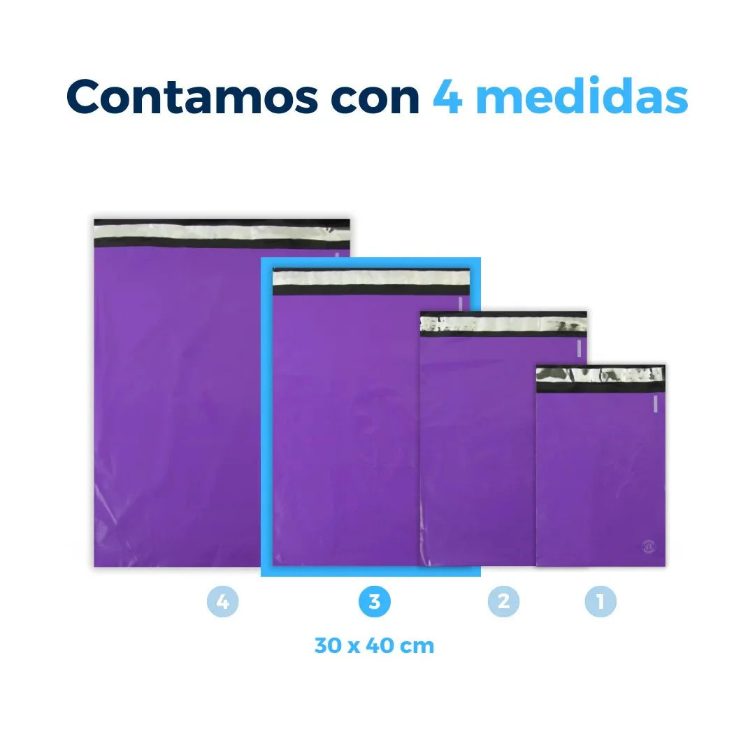 Medidas de Bolsas para Envíos color Morado. Para Paquetes.