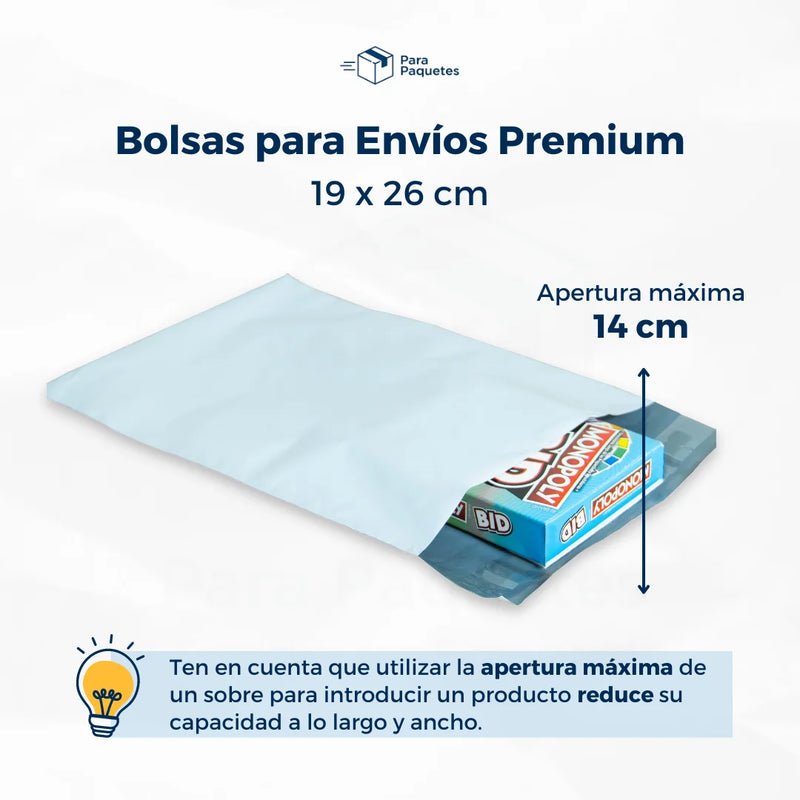 Bolsas  Premium Apertura Máxima en una bolsa para envíos de 19x26cm ParaPaquetes