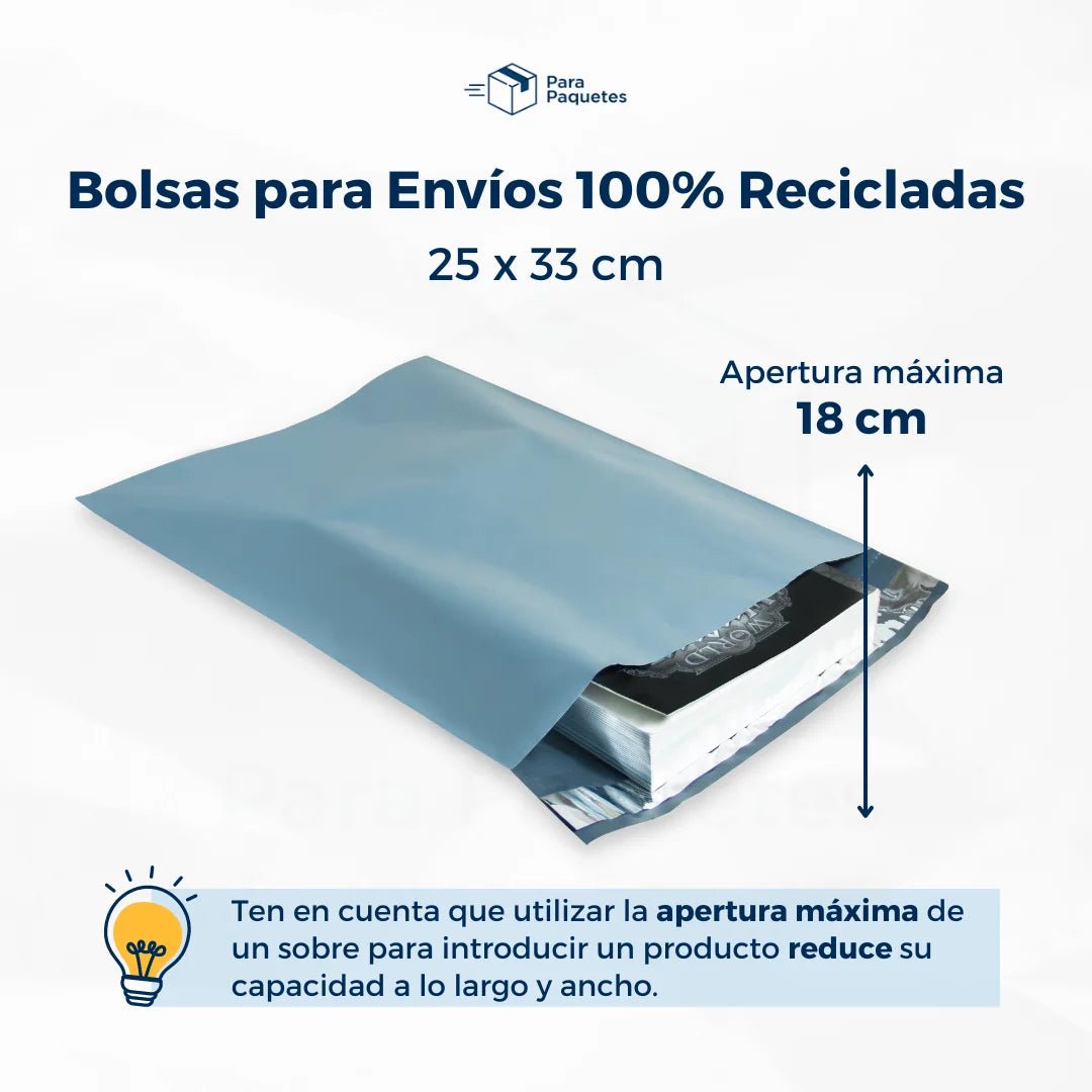 Bolsas para Envios Recicladas Apertura Máxima en una bolsa reciclada de 25x33cm ParaPaquetes