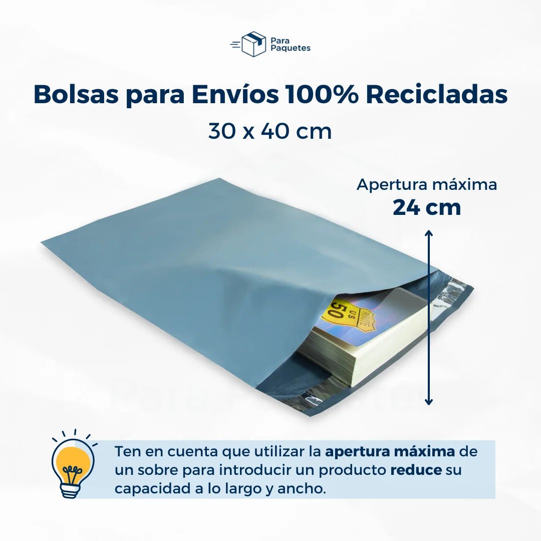 Bolsas para Envios Recicladas Apertura Máxima en una bolsa reciclada de  30x40cm ParaPaquetes