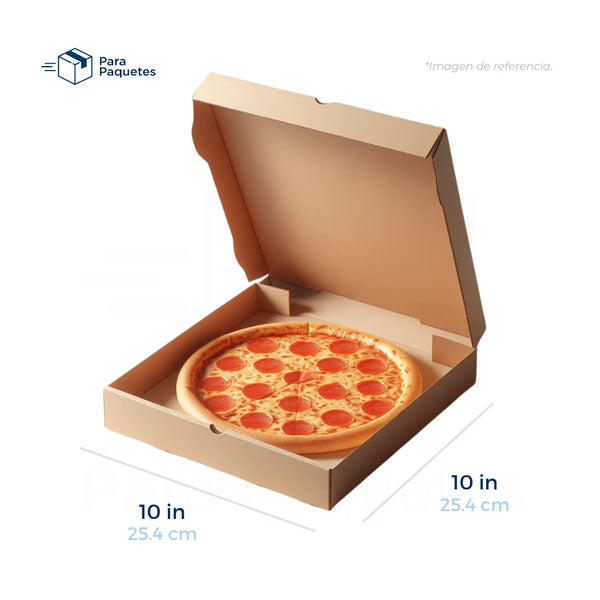 Caja para Pizza medida 10 x 10 pulgadas. Con un a pizza dentro como imagen de referencia. Para Paquetes.