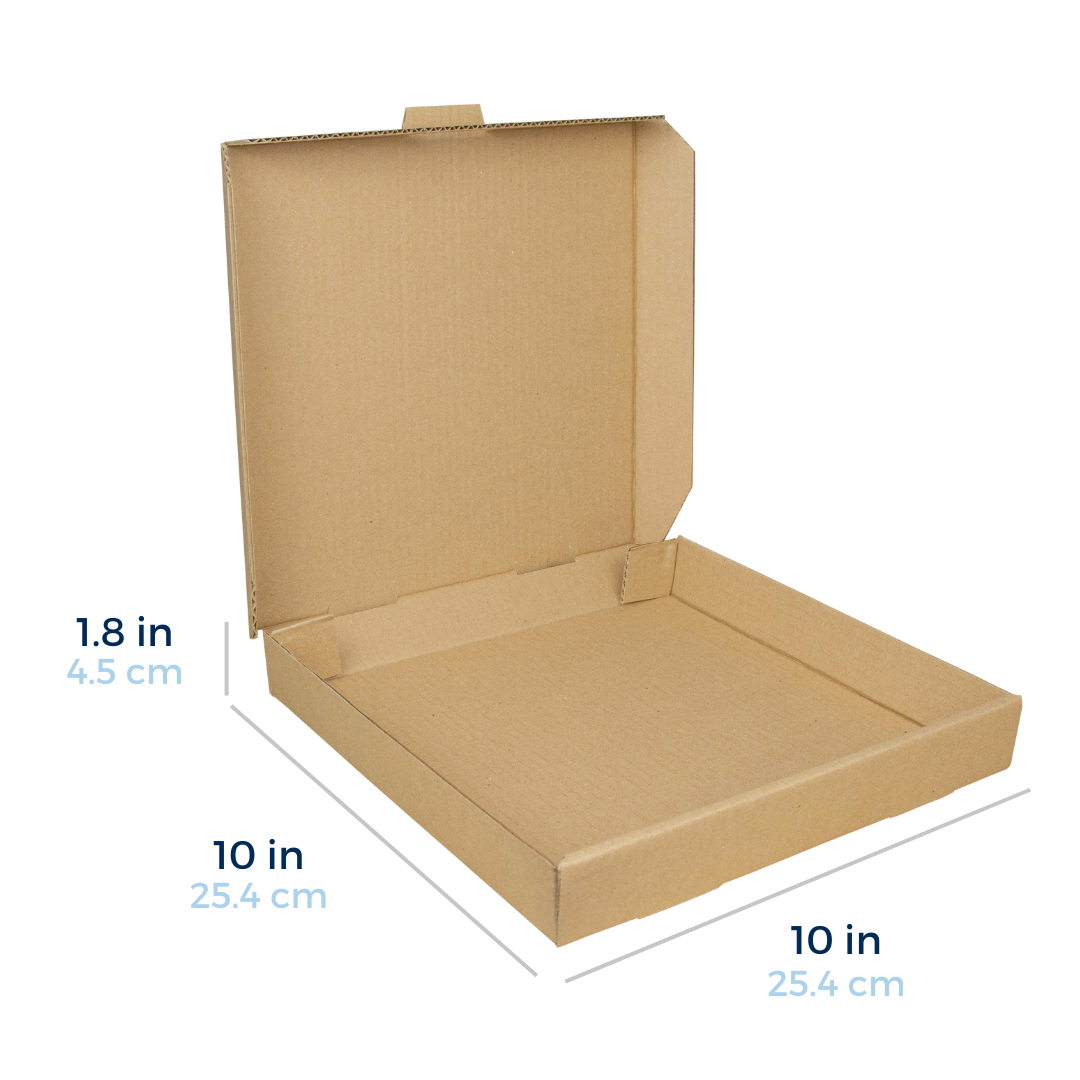 Caja para Pizza medida 10 x 10 pulgadas, 1.8 pulgadas de alto. Para Paquetes.