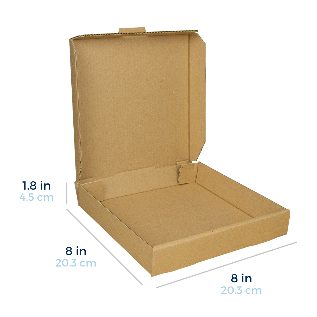 Caja para Pizza medida 8 x8 pulgadas, 1.8 pulgadas de altura. Para Paquetes.