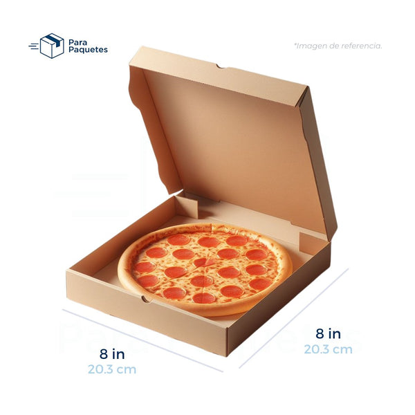 Caja para Pizza medida 8 x8 pulgadas. Con pizza dentro como imagen de referencia. Para Paquetes.