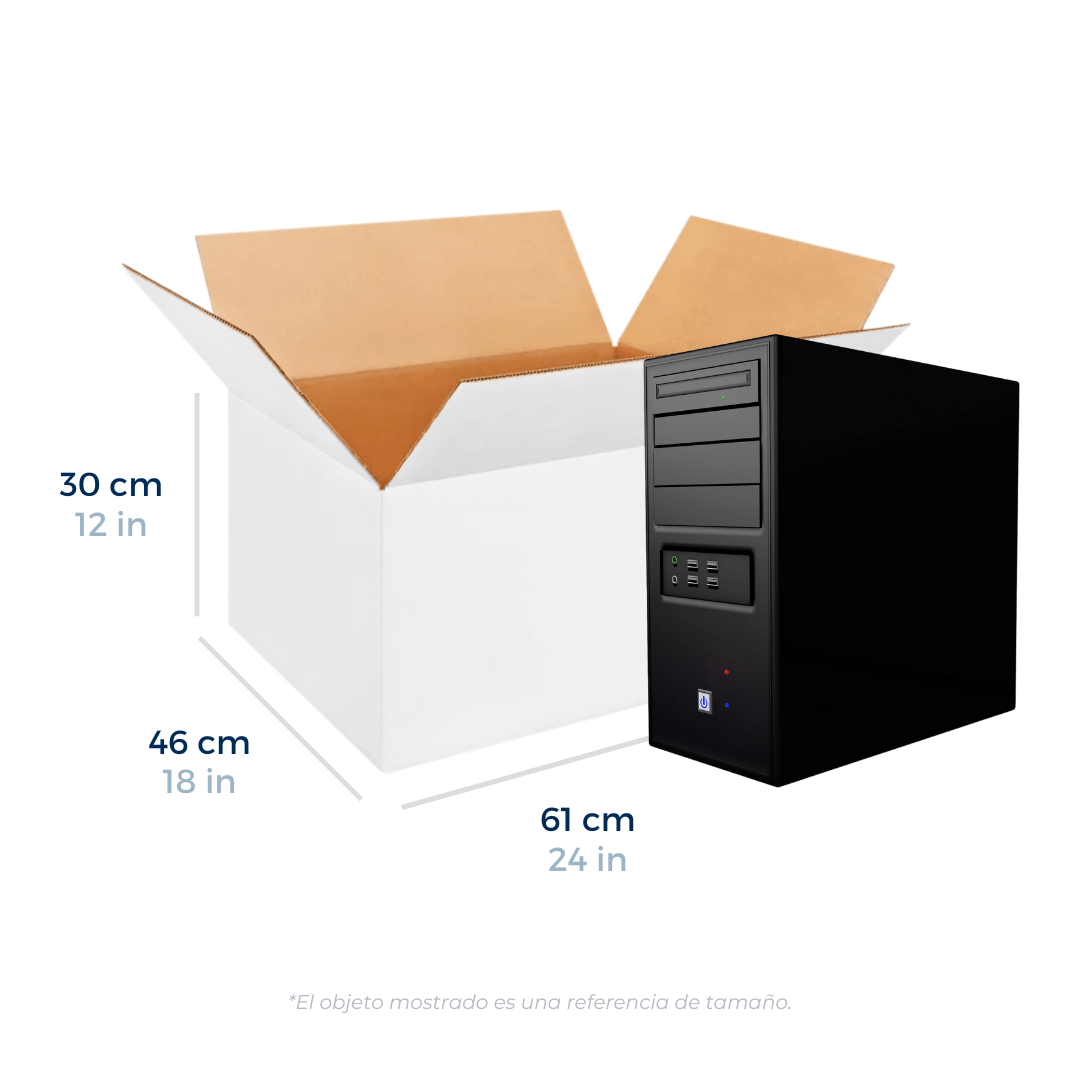 Cajas de Cartón Regulares Blancas 61 x 46 x 30 cm. Con un CPU a un lado con referencia de tamaño. Para Paquetes.