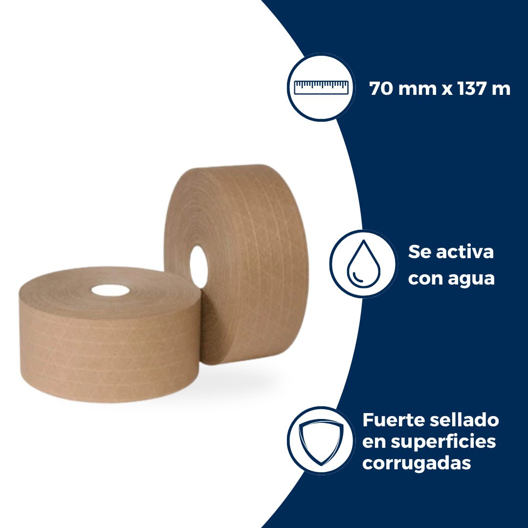 Características de cinta engomada reforzada: activada con agua, fuerte sellado en superficies corrugadas, 0.16 mm grosor, 70 mm x 137 m.