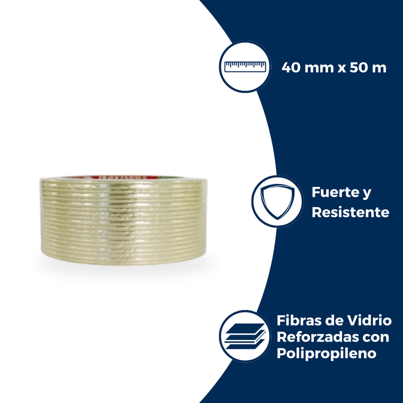 Características de la cinta flejadora con filamentos de vidrio: hecha de fibras de vidrio reforzadas con polipropileno adhesivo base hule, mide 40 mm x 50 m.