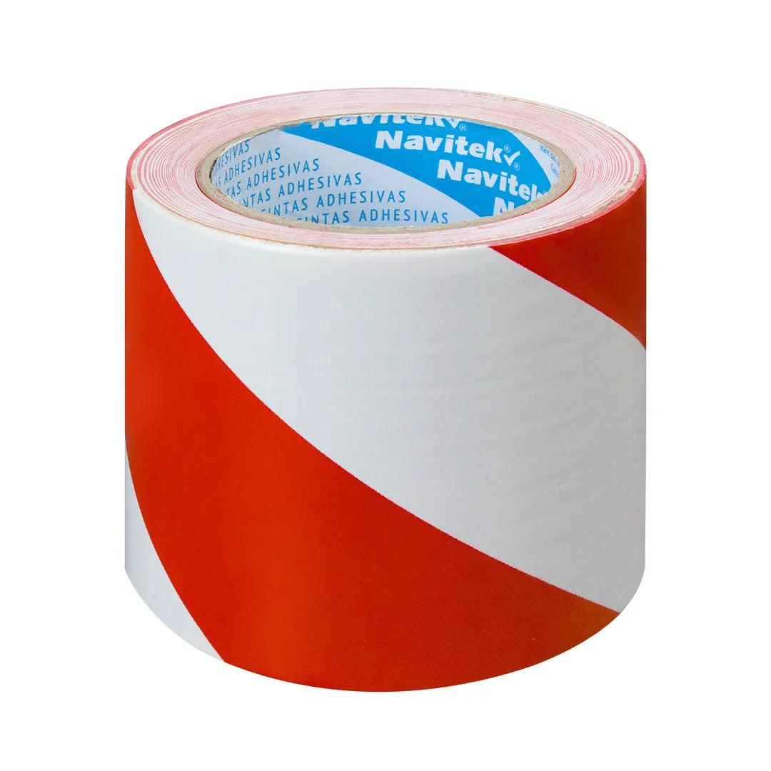 Cinta adhesiva delimitadora, blanco con rojo. 33 m x 96 mm. Para Paquetes.